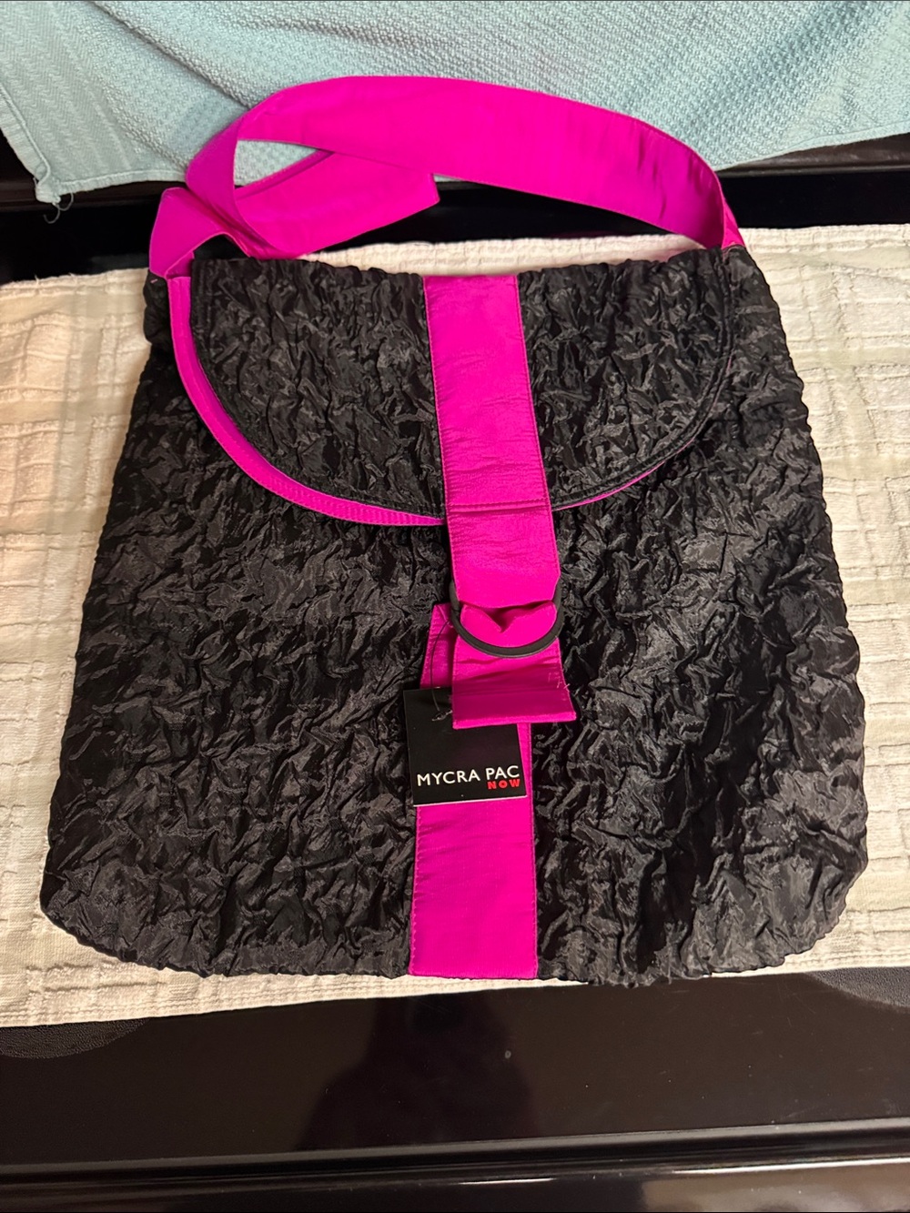 Mycra Pac Black Shoulder Bag with Bright Pink Strap